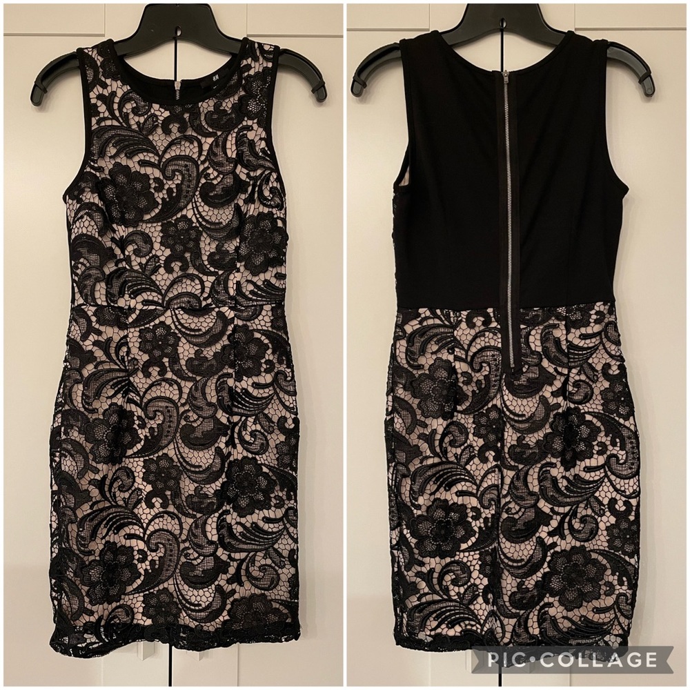 NWT Women H&M Black Lace Sleeveless Sheath Dress with zipper Size XS